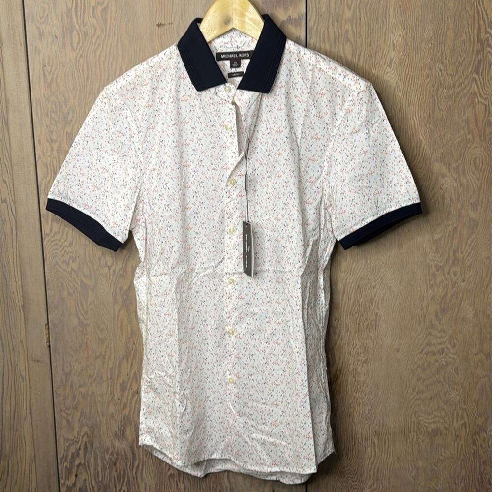 Michael Kors Men White with Dots Short Sleeve Button Up Shirt Size X-Small